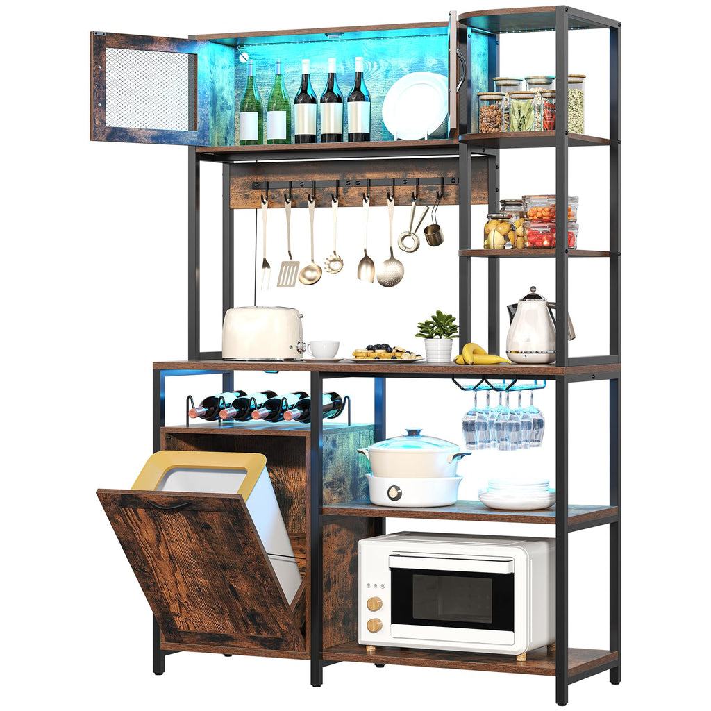 Bakers Rack with Power Outlet and LED Light, 42.5 inch Industrial Coffee Bar Cabinet with Trash Can Storage Bin