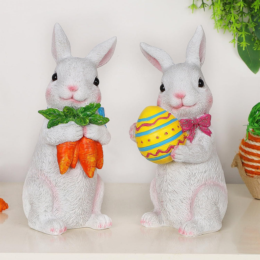 Easter Bunny Figurine Decor, Standing Spring Resin White Rabbit Couple Statue Tabletop Ornament, Festival - Set of 2