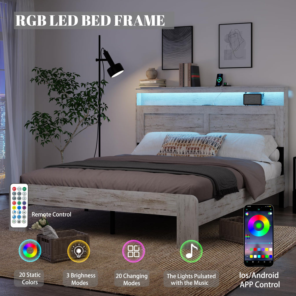 Wooden Bed Frame with Headboard, Rustic Platform Bed Frame