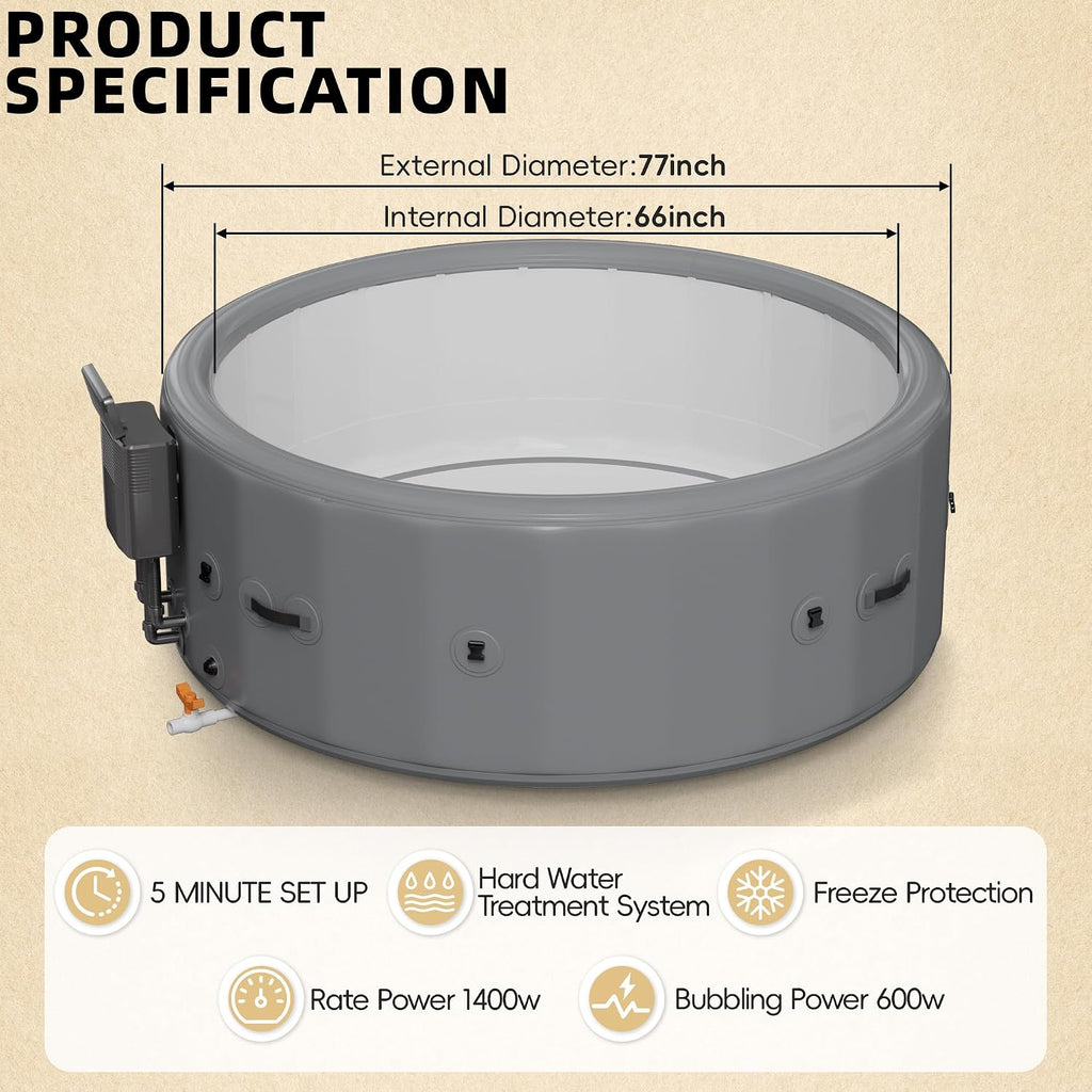 77 Inch Drop-Stitch Inflatable Hot Tub for 6 Person, Rigid Portable Outdoor Spa with 160 Bubble Jets, 104°F Smart