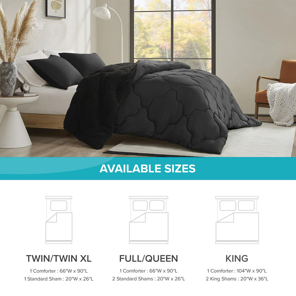Vixie Sherpa Comforter Set, 3 Piece, Black/Black