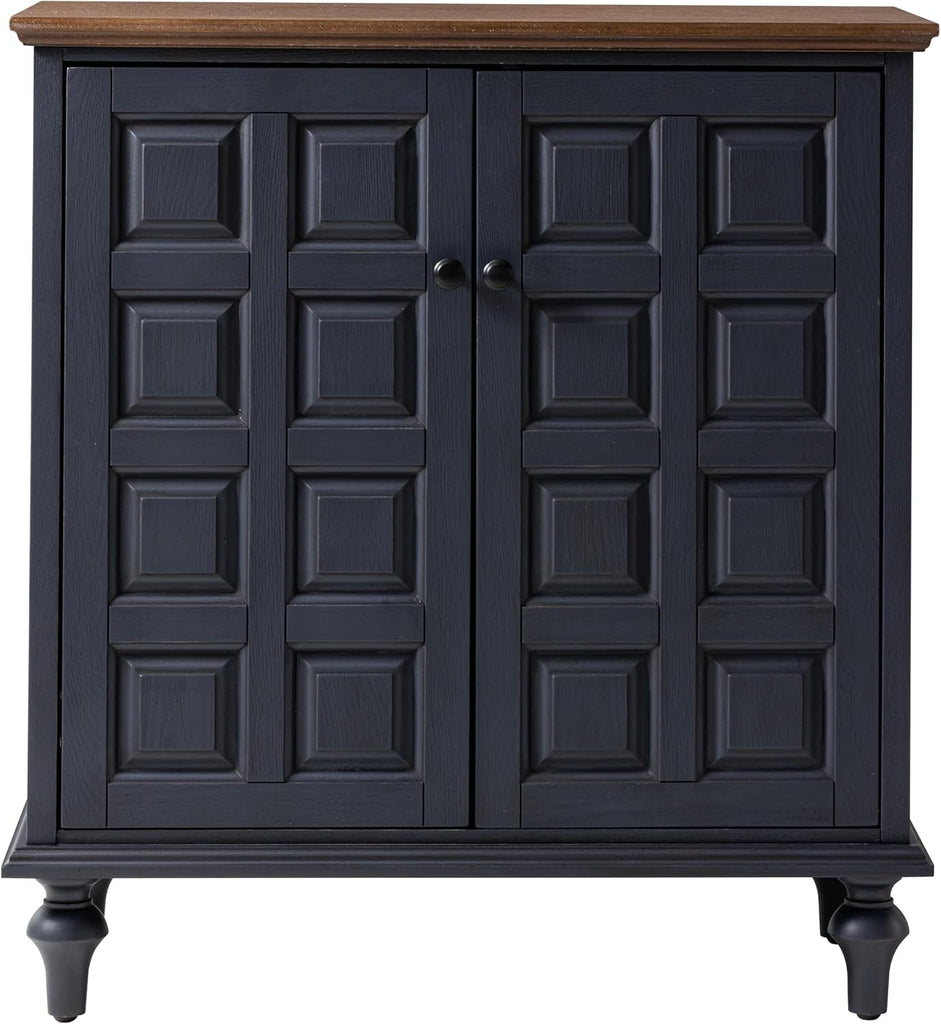 Retro 2 Door Storage Cabinet with Plaid Pattern Front, Vintage Side Table , Handles, Two-Shelves, Pine Wood, Dark