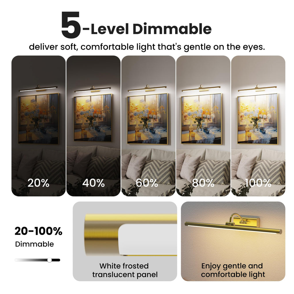 24" Picture Frame Light with 1pcs Extra 8000mAh Battery - Brass Cordless Rechargeable Wall Sconce with Remote & Large