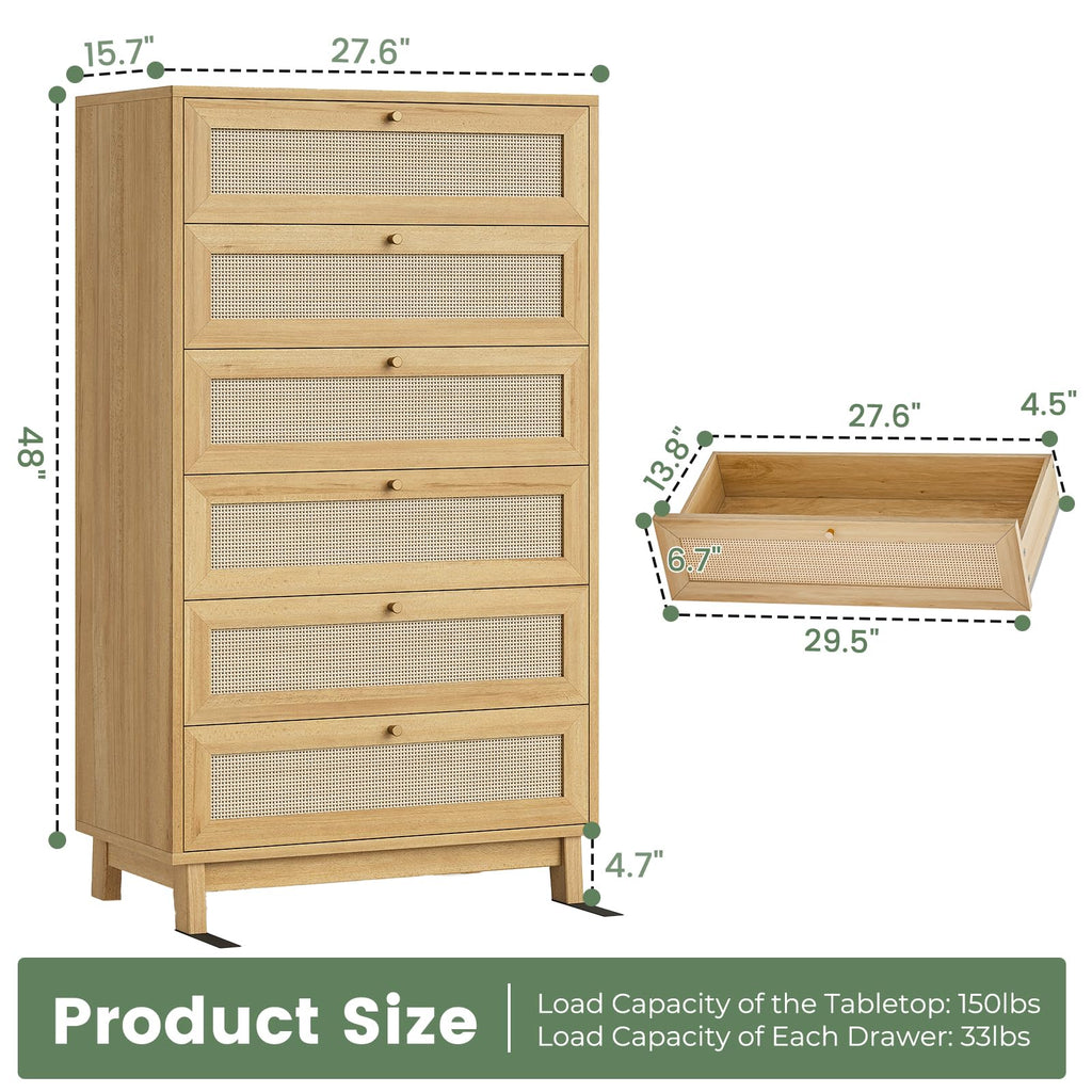 Rattan with 6 Drawer, Modern Double Wooden Tall Bedroom, Chest of Drawers with Metal Handle & Solid Wood Legs