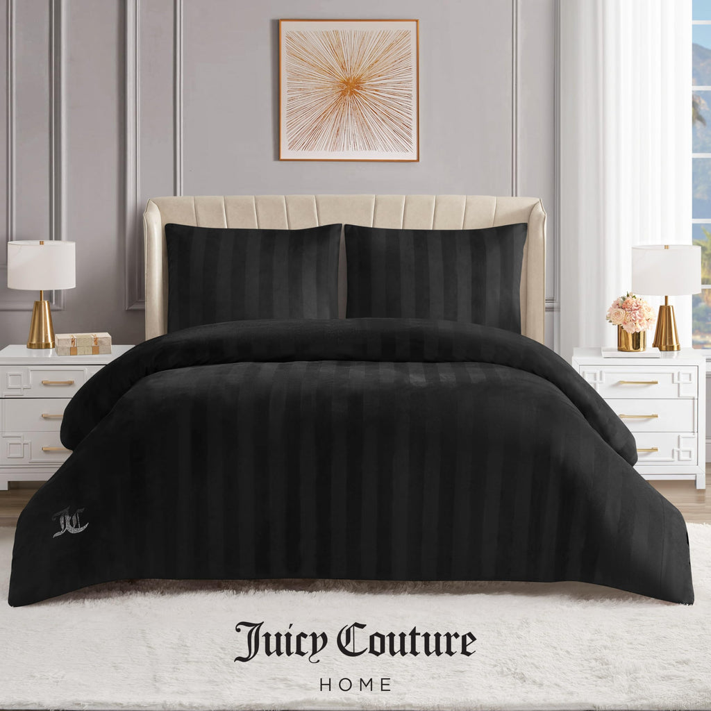 Jenny Velour Striped Jacquard Queen/Full Size Duvet Cover Bedding Set Ensemble - Black 3 Piece Set