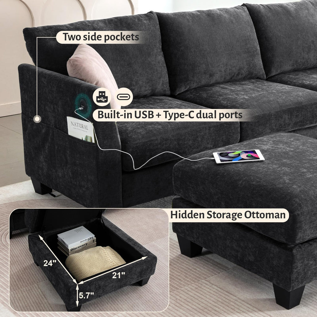 124" U-Shaped 8 Seater Sectional Couches with Storage Ottoman, Black