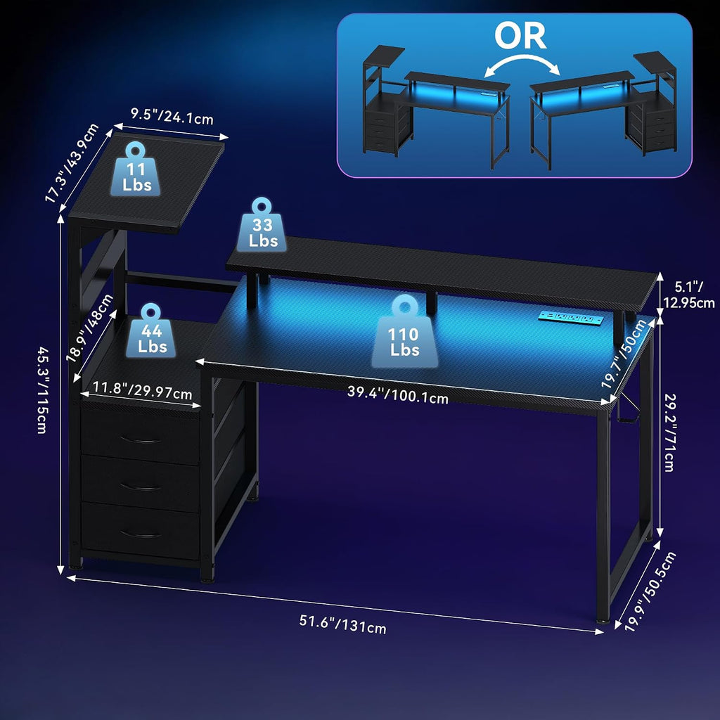 52" Reversible Gaming Desk with LED Lights Power Outlets, Black | Computer Desk with Drawers Can be Used to Store
