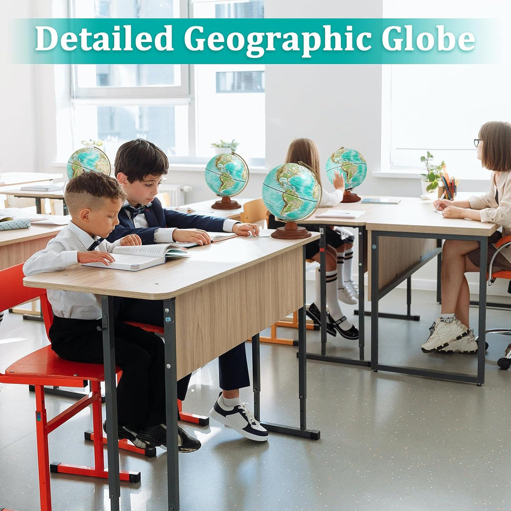 Illuminated Globe of the World with Wooden Stand, 8'' World Globe for Kids & Adults' Learning Built-in LED Night