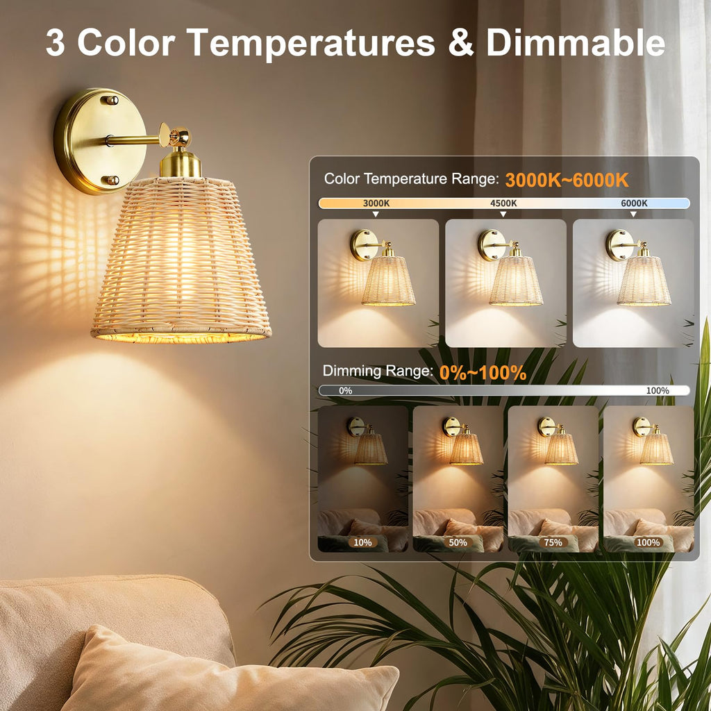 Rattan Rechargeable Battery Operated Wall Sconces Set of Two with Remote, 3 Colors Dimmable Wireless Wall Light