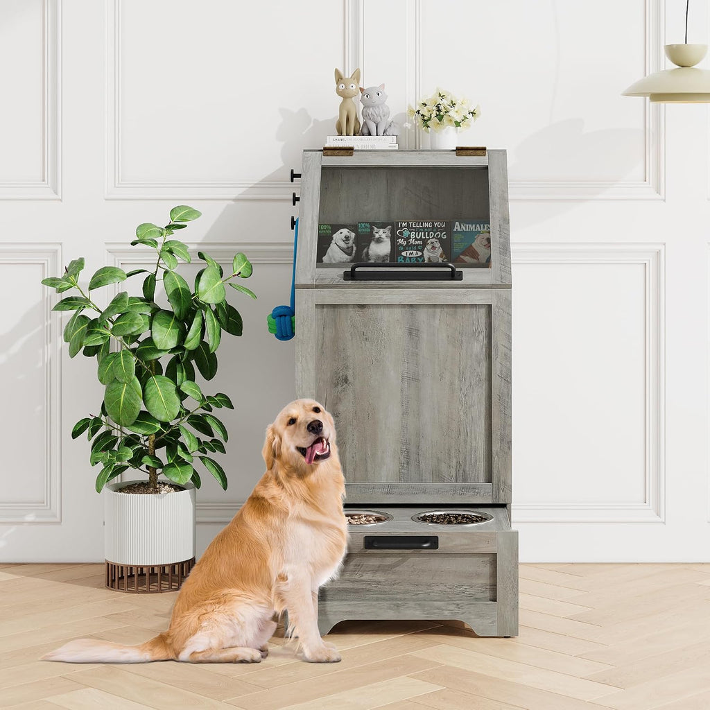 Dog Feeding Station with 2 Elevated Bowls, Grey