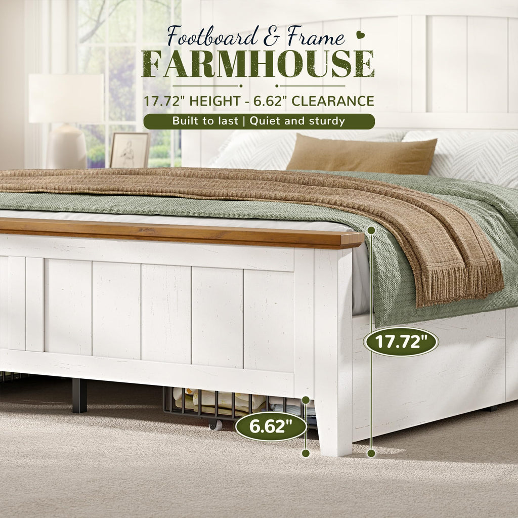 Farmhouse Bed Frame with 50.4" Tall Headboard, Antique White