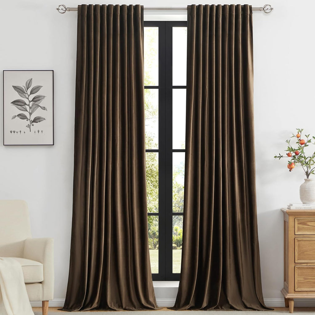 Brown Velvet Curtains 96 inch Long,Set of 2 Panels Blackout Rod Pocket Back Tab Window Treatment Room Darkening Heavy