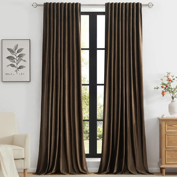 Brown Velvet Curtains 96 inch Long,Set of 2 Panels Blackout Rod Pocket Back Tab Window Treatment Room Darkening Heavy