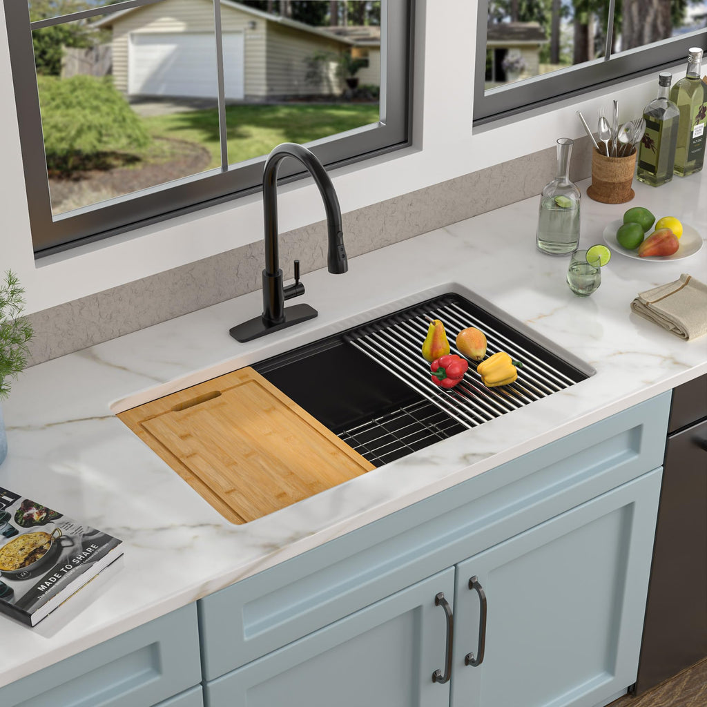 33"x19" Granite Composite - Undermount Ledge Workstation Matte Black Granite Quartz Classic Under Counter Single Bowl