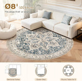 8' Round Area Rug Living Room Rugs - Washable Boho Rug Vintage Oriental Distressed Farmhouse Large T