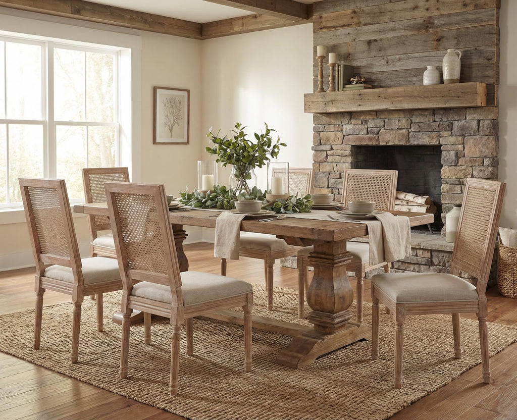 Farmhouse Dining Chairs Set of 6, French Rattan Dining Room Chairs with Distressed Wood Upholstered Vintage Side