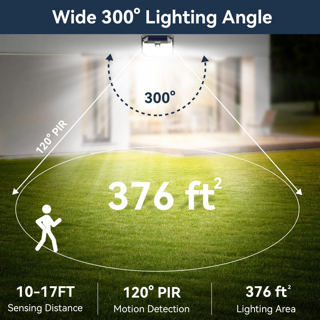 231 LED Solar Motion Lights Outdoor, 300° Angle & 3 Lighting Modes, PIR Motion Sensor & IP65 Security Solar Wall