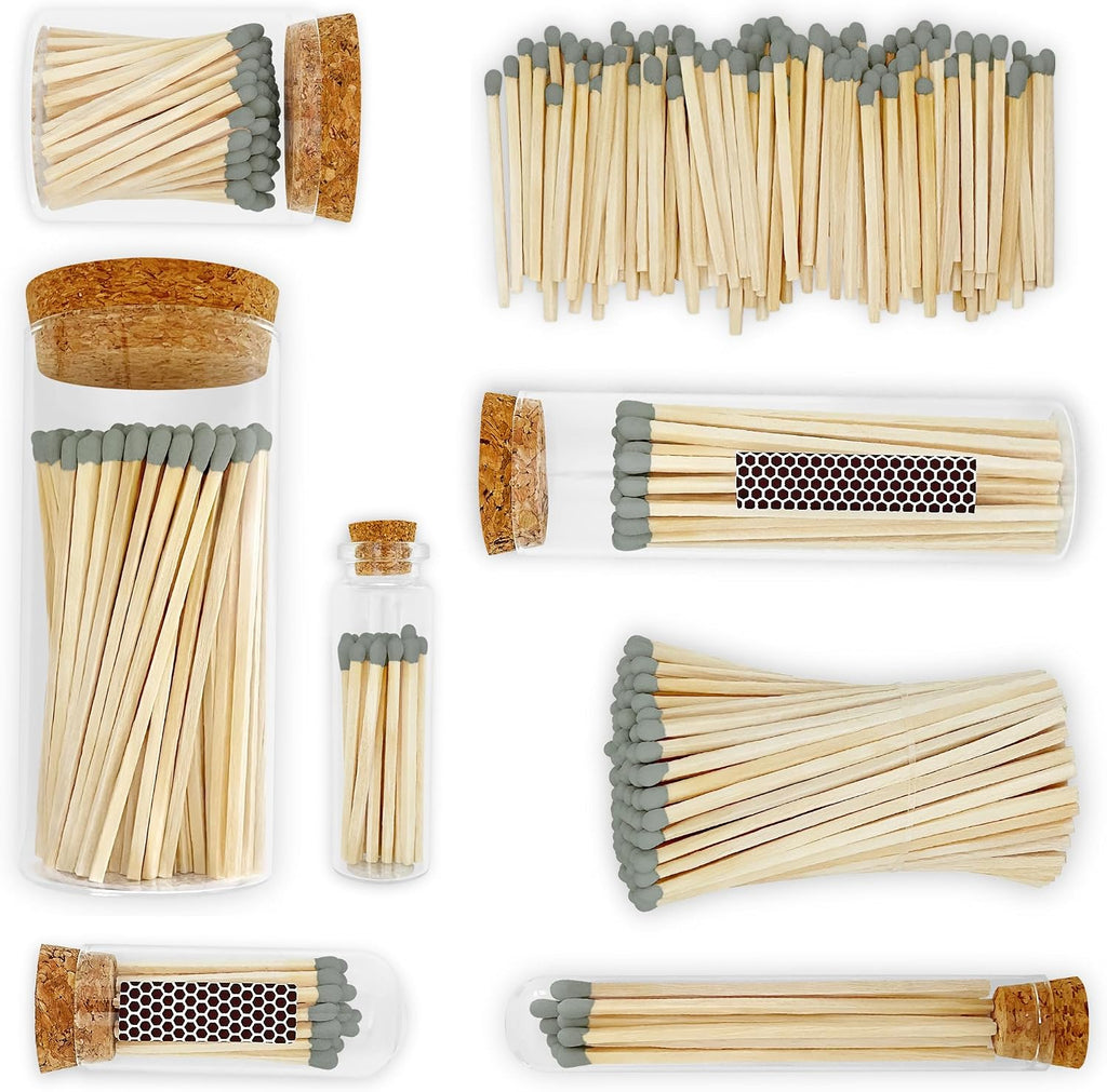 Decorative Matches in Mini Match Cloche Glass Jar Set | 4" Gray Long Matches (100 match sticks) + 3 Cork Top Dome - Set of 3