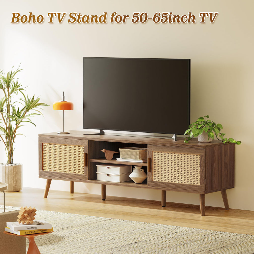 Boho TV Stand for 65 Inch TV, Entertainment Center with Adjustable Shelf, Rattan TV Console with 2 Cabinets, Media