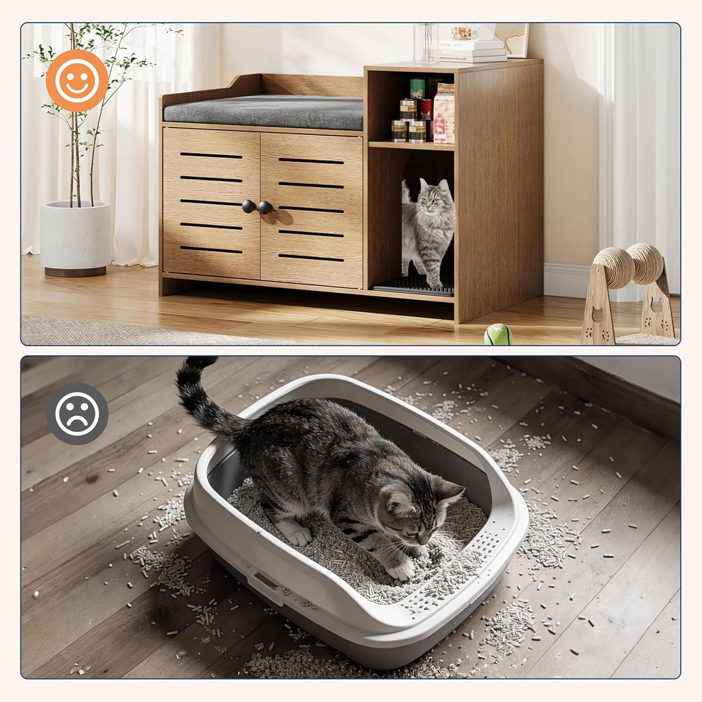 Cat Litter Box Enclosure, Hidden Litter Box Cabinet Furniture with Scratch Pad, Farmhouse Indoor Cats House