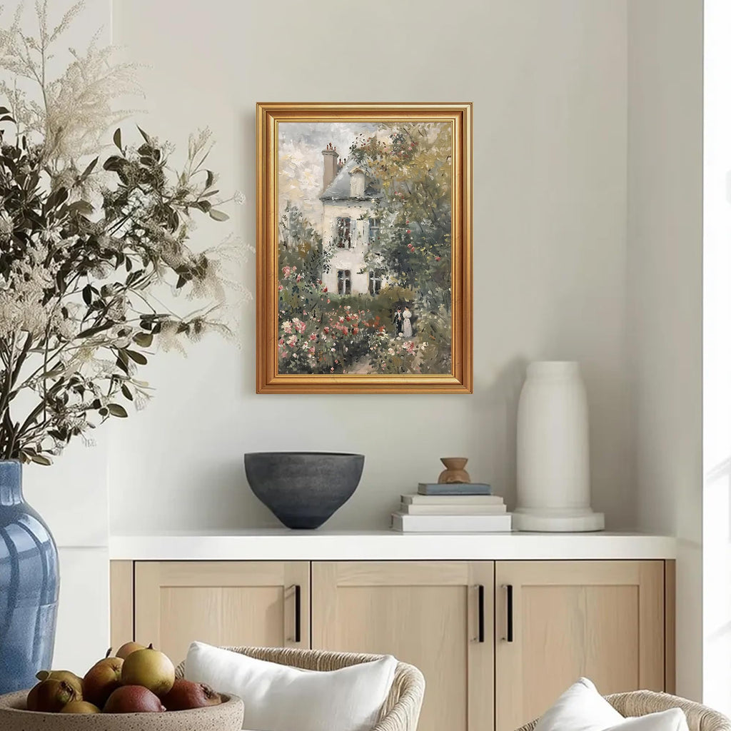 Impressionist Framed Canvas Wall Art House in Garden 12x16 inches