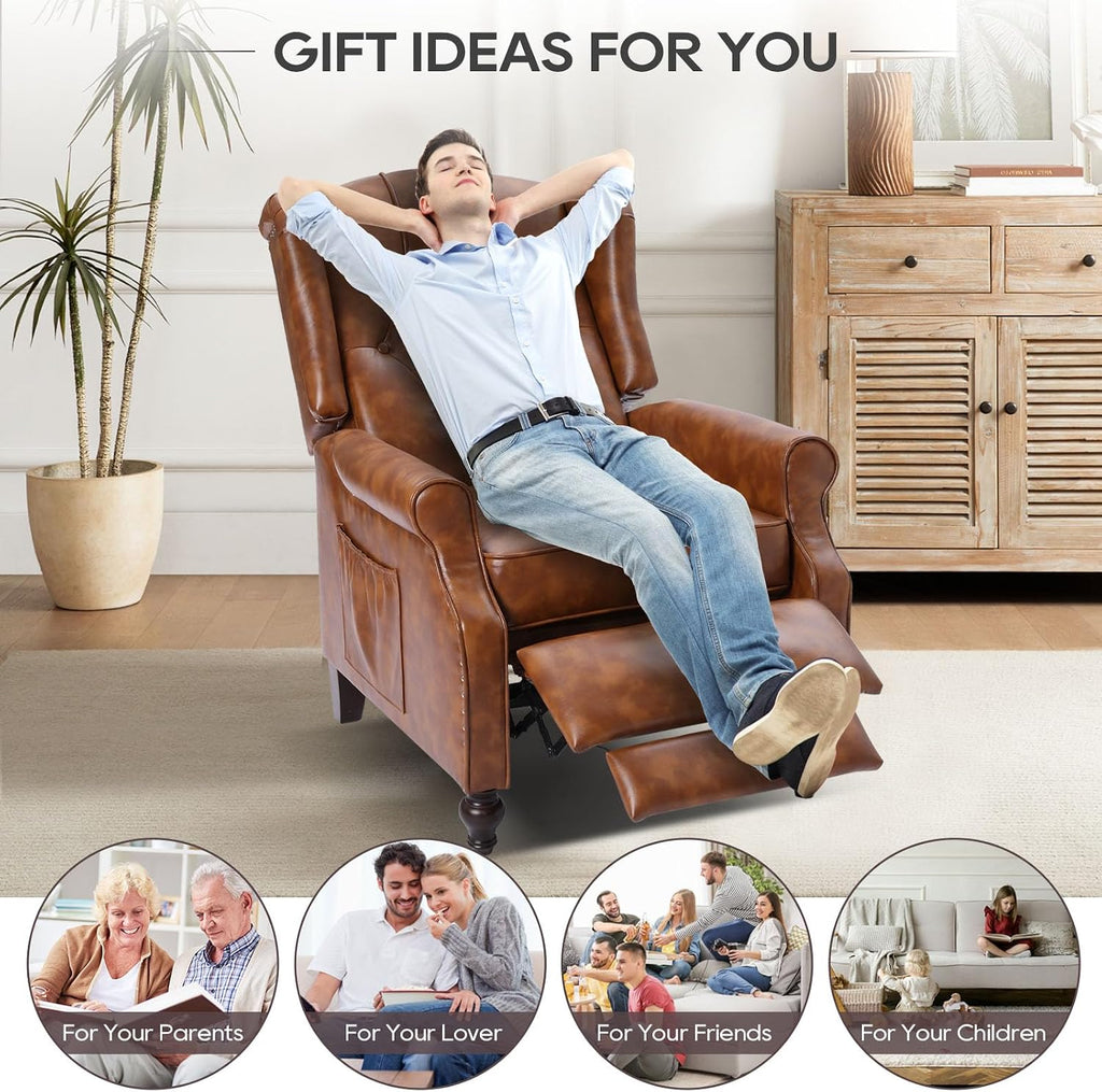 Wingback Recliner Chair with Massage and Heat, Upholstered Fabric Living Room Chair Armchair with Nailhead Trim,Push