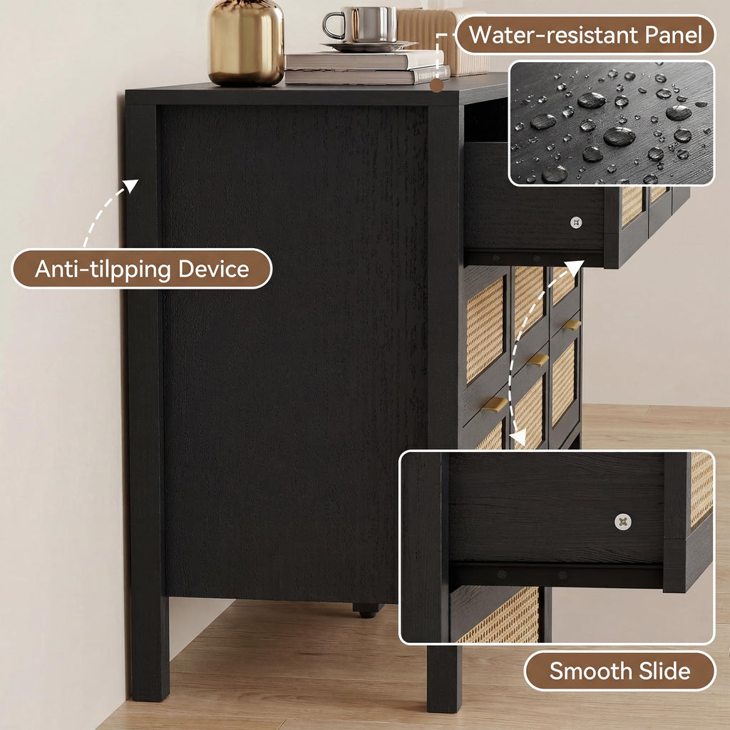 9 Drawer Dressers, Rattan Dresser with Drawers, Modern Wood Dresser with Metal Handles, Chest of Drawers (Black-9
