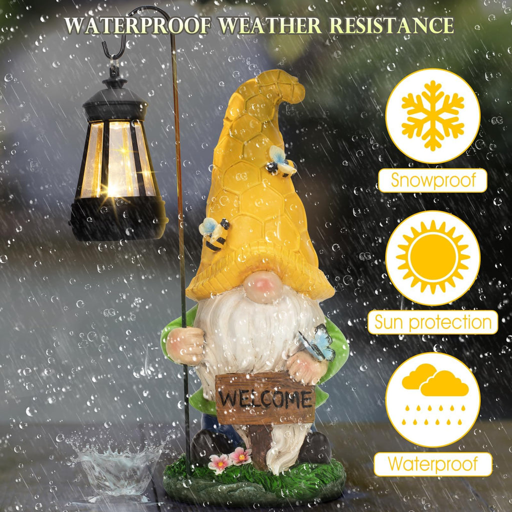 Solar Garden Gnome Statue with Lantern - Hand-Painted Resin Gnome Decor, IP44 Waterproof Outdoor Figurine for Yard