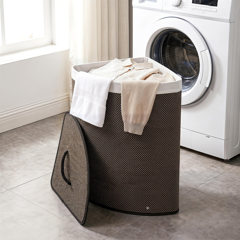 15 Gal Corner Laundry Hamper w/Lid, Removable Liner, Handle Taupe