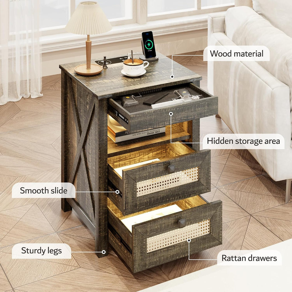 Rustic Nightstand with Gun Drawer, End Table with Charging Station, LED Bedside Table with Human Sensor Light, Rattan