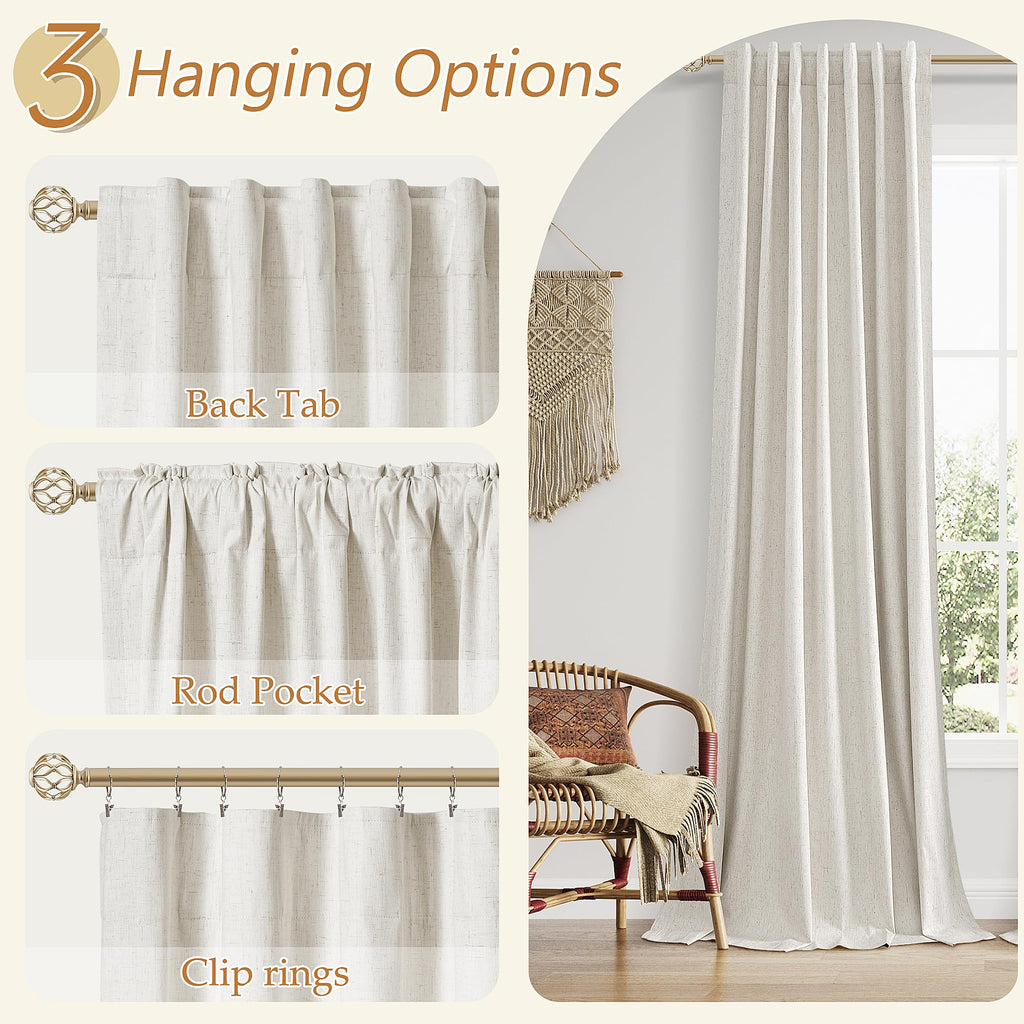 100% Blackout Linen Curtains 86 Inch Long 2 Panels Boho
