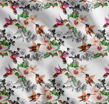 Cotton Poplin White Fabric - by The Yard - 42 Inch Wide - Hummingbird, Leaves & Flower Floral Textile - Playful and