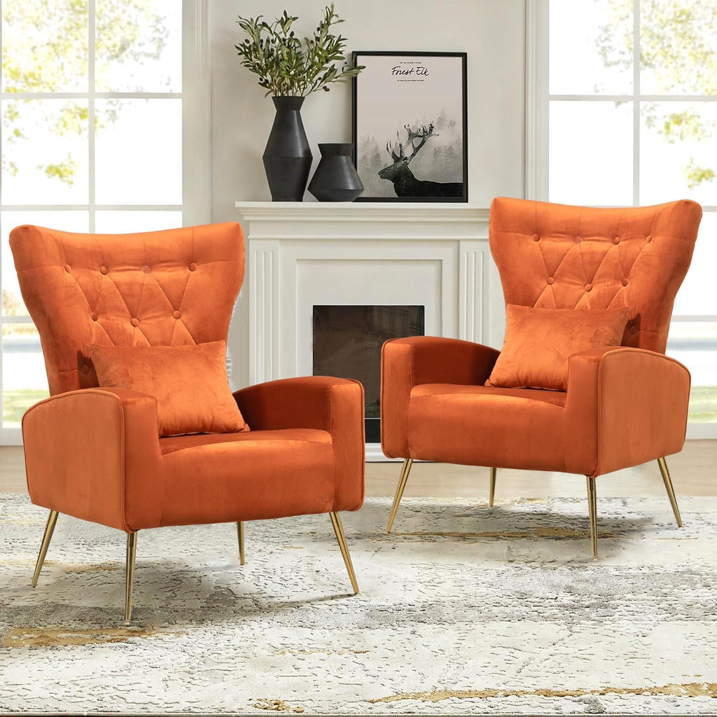 Mid-Century Accent Chairs Set of 2, Wingback Chair with Arm & Gold Legs, Living Room Bedroom Side Chair with Lumbar