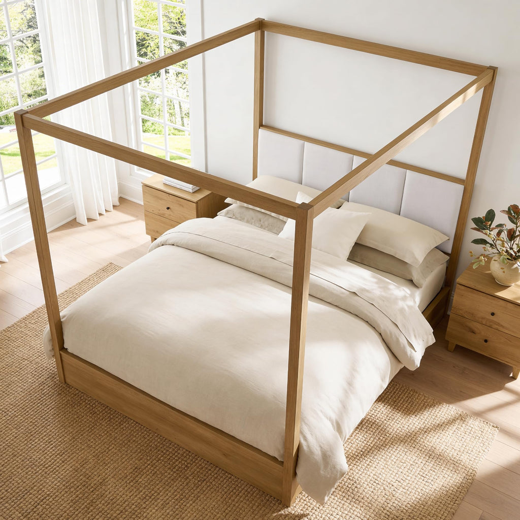 Wood Canopy Bed Frame Queen, Oak Bed w/Solid Wood Posters