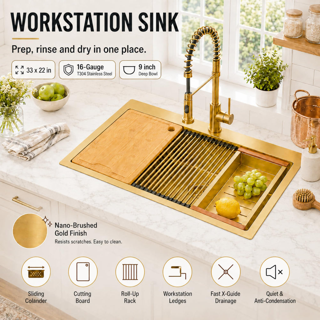 33" X 22" Drop In Gold Kitchen Sink, Single Bowl Top Mount Kitchen Sink, 16 Gauge Stainless Steel Workstation Sinks