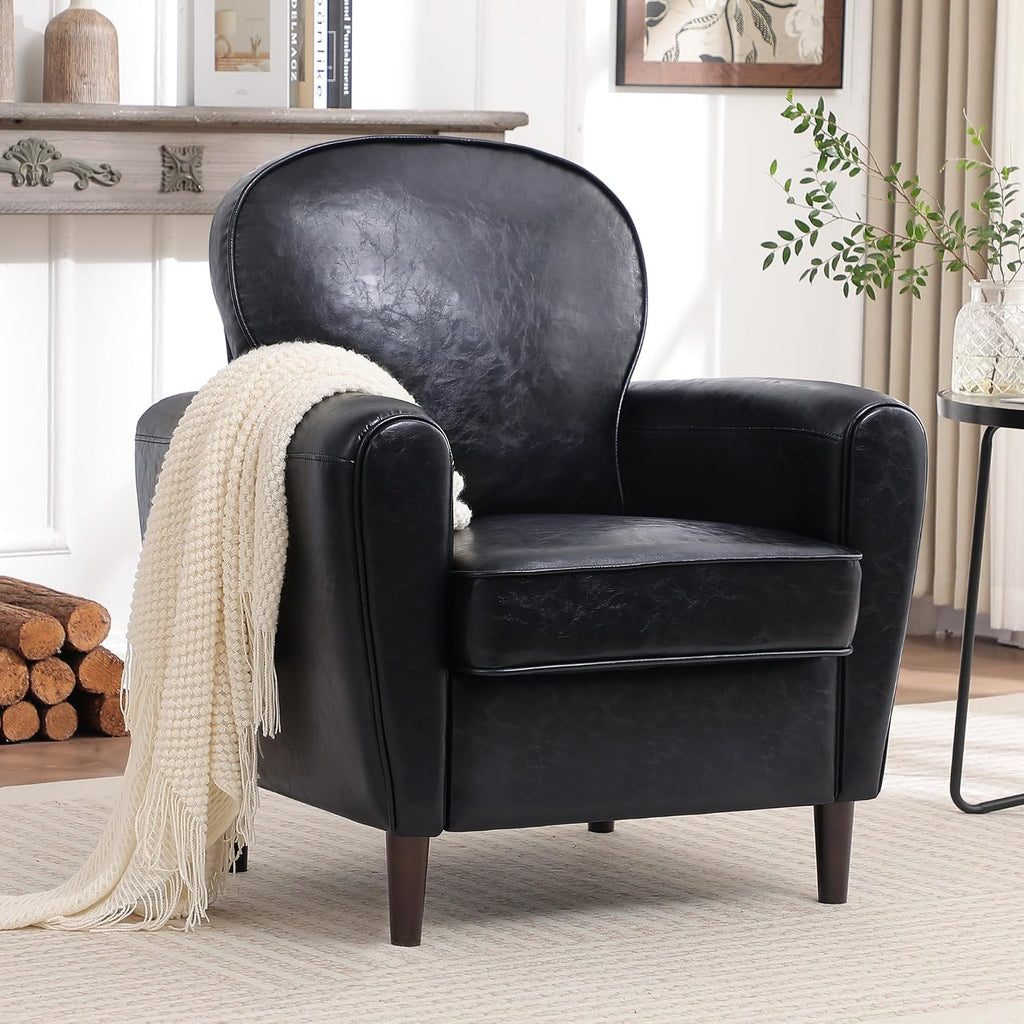 Accent Chair, Mid Century Modern Faux Leather Arm Chair with Thick Cushion and Back, Comfy Upholstered - Set of 2