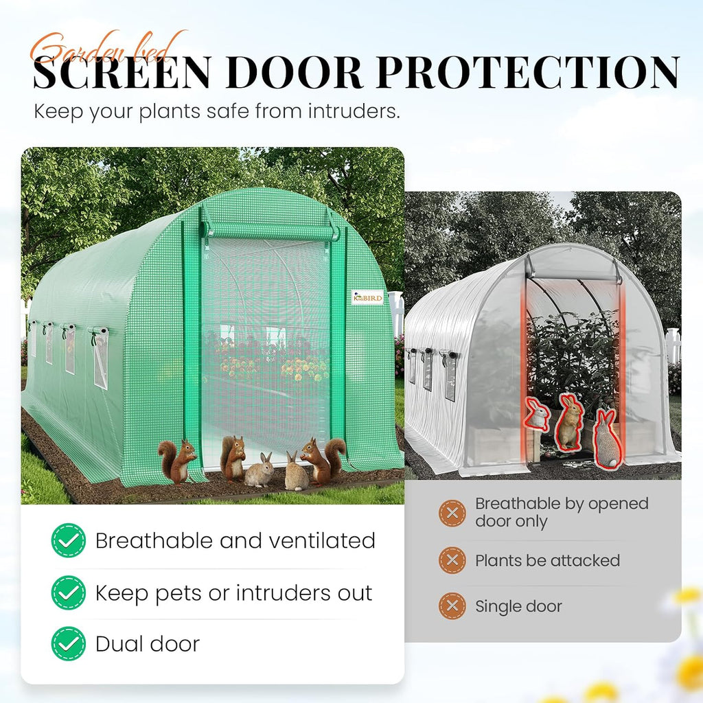 Premium 15x7x7 FT Greenhouse for Outdoors, Large Heavy Duty | Galvanized Steel Frame, Mesh Door Screen Window Hoop