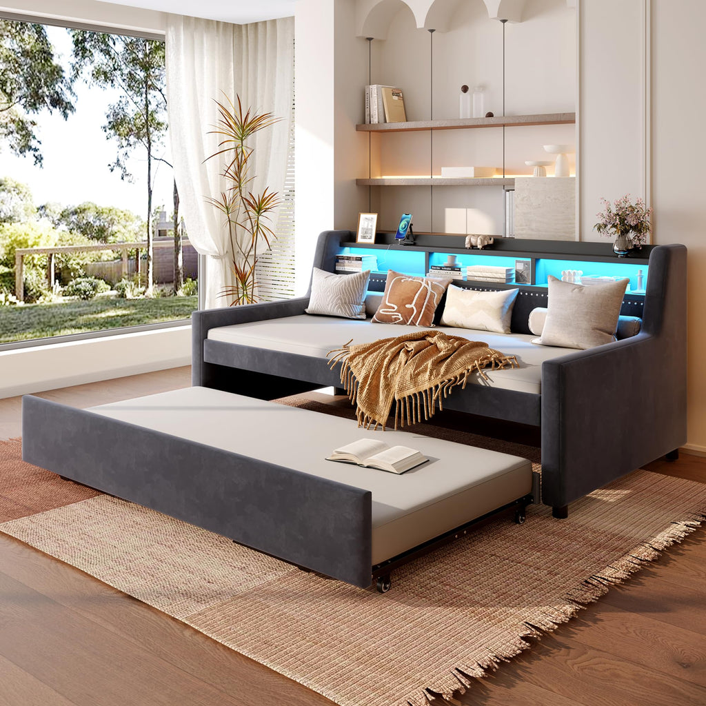 Twin to King Daybed with Pop Up Trundle, King Size Day Bed Frame with LED Lights, USB/Type C Charging Station
