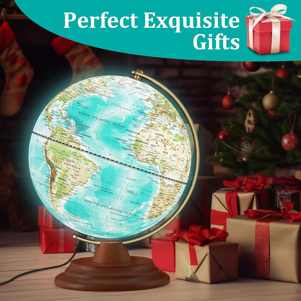 Illuminated Globe of the World with Wooden Stand, 8'' World Globe for Kids & Adults' Learning Built-in LED Night