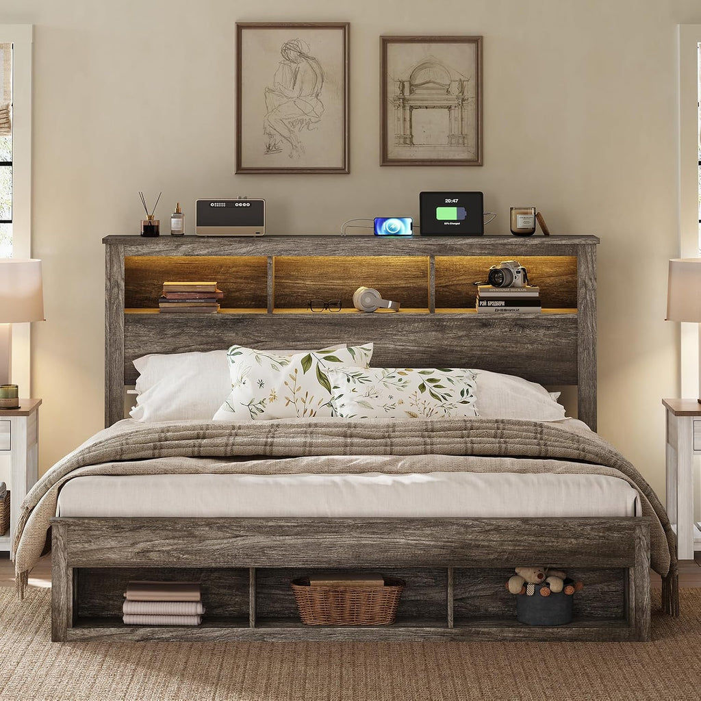 King Bed Frame with 47.2" Bookcase Storage Headboard & Footboard, Farmhouse Wooden Platform Bed with LED Light &