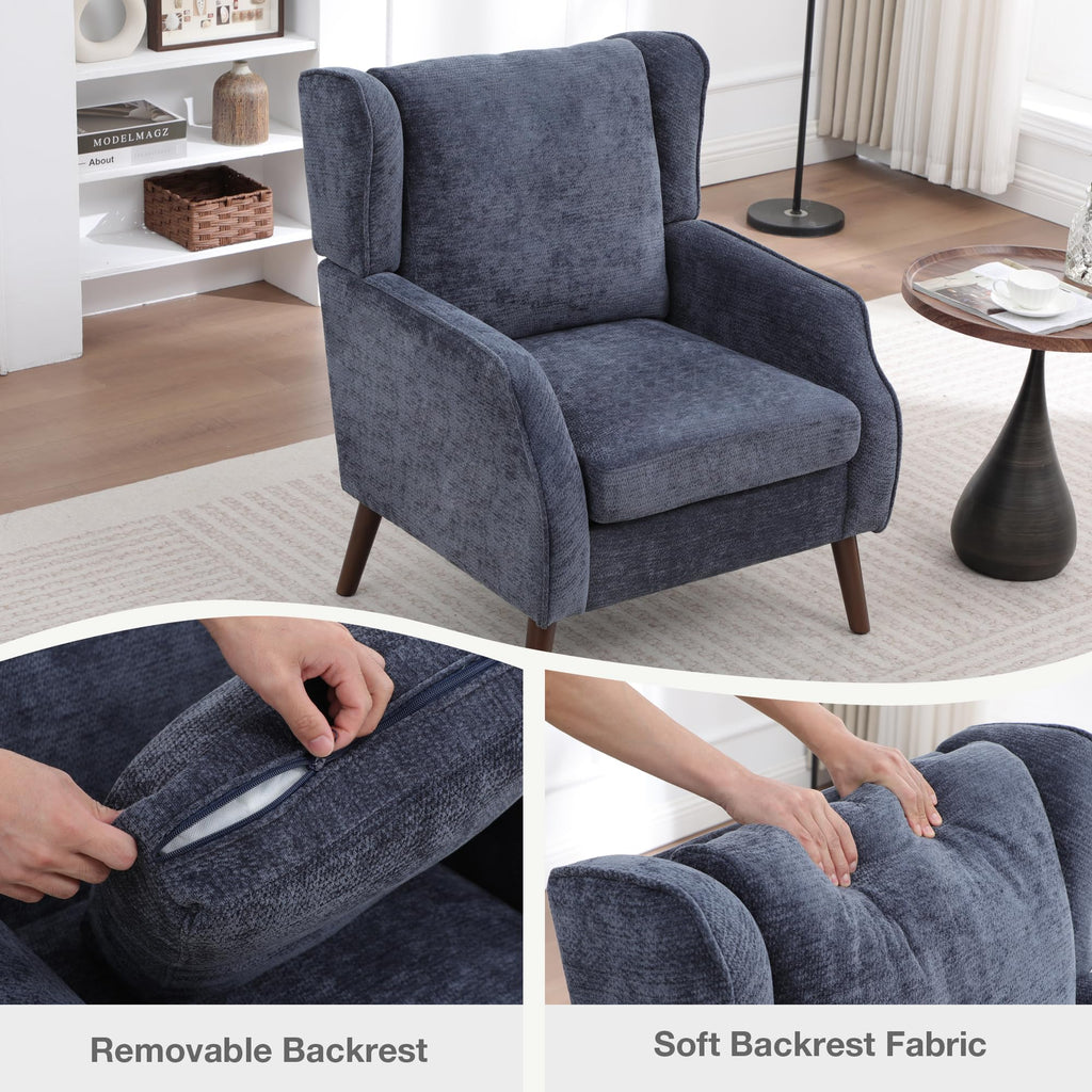 Accent Chair, Mid Century Modern Wingback Chair, Upholstered Fabric Armchair with Lounge Seat and Wood Legs
