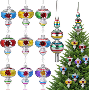 Retro Christmas Glass Treetop Ornament, Finial, Bright Color - Set of 10