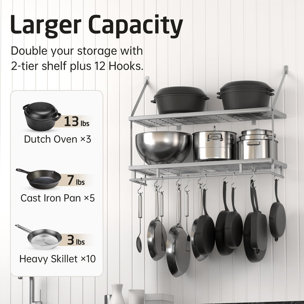 Silver Gray Pot Rack Wall Mounted, 100 Lbs Capacity