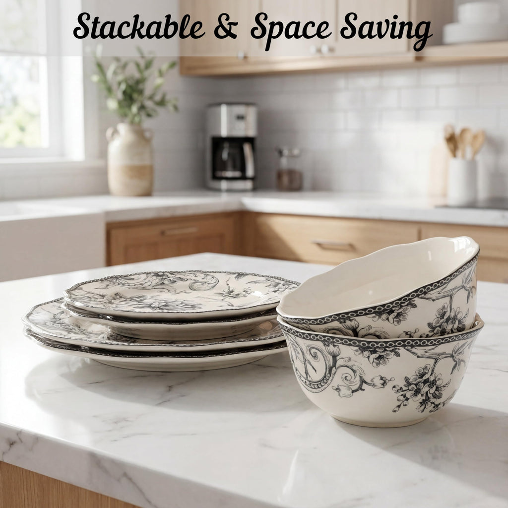 Adelaide 16-Piece Casual Grey Porcelain Dinnerware Set - Service for 4, Classic Toile Bird & Floral Design, Microwave
