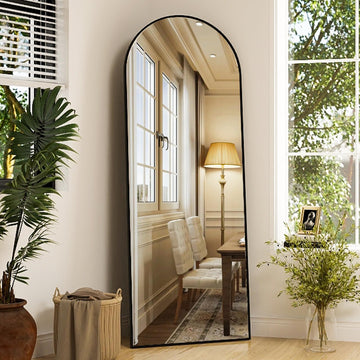 Arched Full Length Mirror, 64" x 21" Arch Black Floor Mirror with Stand