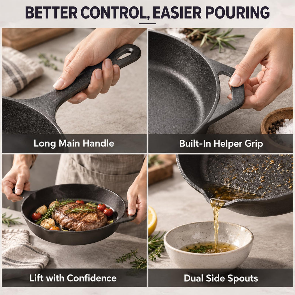 12-Inch Cast Iron Skillet, Helper Handle & Dual Pour Spouts
