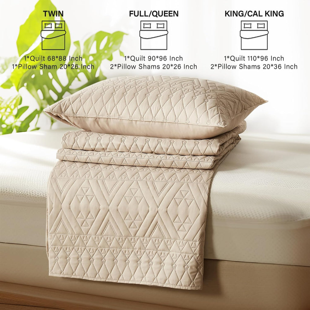 Full/Queen Quilt Bedding Set,Beige Lightweight Microfiber Soft Bedspread,Modern Style Geoetric Pattern Coverlet Set