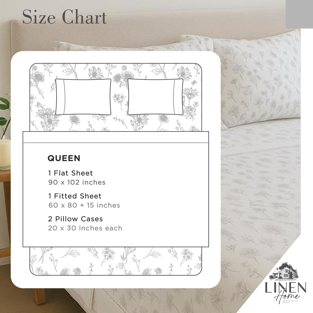 100% Cotton Printed Percale Sheet Set Grey Botanical