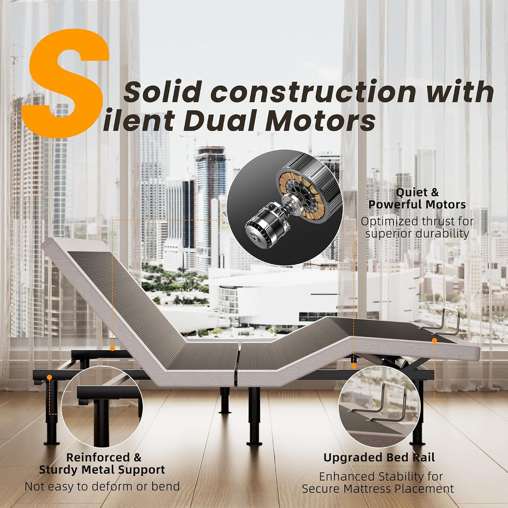 Adjustable Bed Frame King Size with Wireless Remote, Head Foot Incline, USB, Underbed Light - Heavy Duty Platform