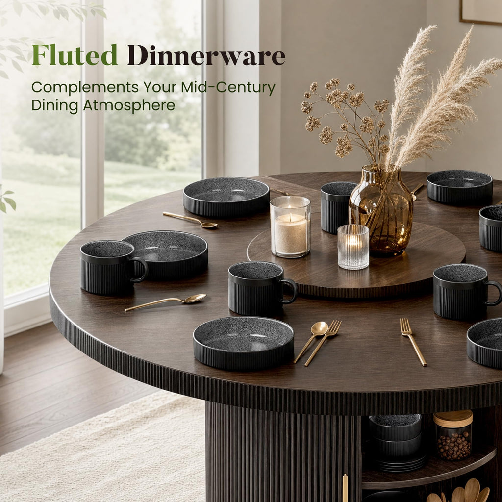Fluted Ceramic Dinnerware Sets for 4, 16Pcs Stoneware Plates and Bowls Sets Non Toxic, Black Dishes Set, Oven &